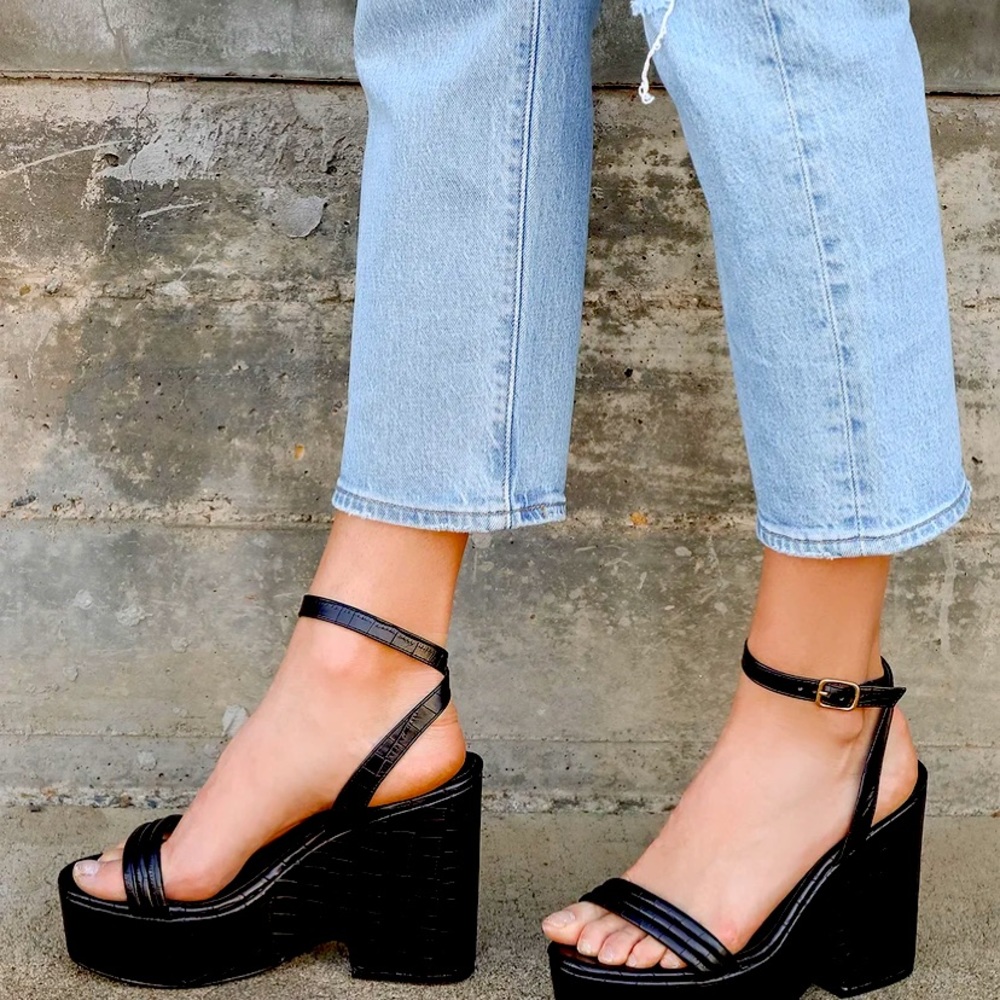 Kairi Black Crocodile-Embossed Platform Wedge Sandals